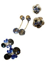Vintage Blue Crystal Earrings Lot 3 Pairs Cluster Dangle Flower Retro Jewelry
