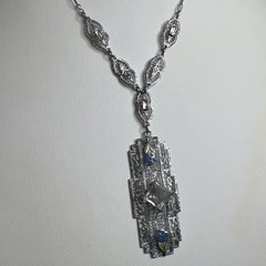 Antique Art Deco Rhodium Plated Filigree French Paste Flower Enamel Necklace