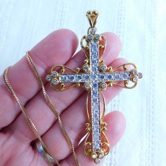 Ross Simons Necklace 18K Gold over Sterling Silver Cross Pendant 925 CZ Jewelry