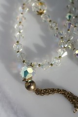 Vintage gold tone heavy sparkl clear AB crystal cut glass tassel necklace 22-25″