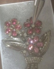 Vtg KC Brooch Silver, Pink & Rhinestone