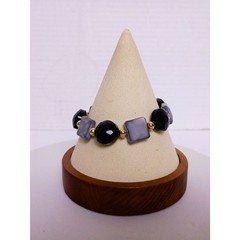 Smoky Gray and Black Faceted Fancy Glass Beaded with Gold Tone Accents Bracelet