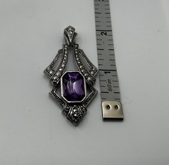 Vtg Avon 1994 Art Deco Faux Amethyst Marcasite Pendant SilverTone