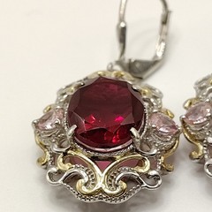 Vintage STS 925 Sterling Silver Red & Pink Faceted Stone Filigree Leverback Earr