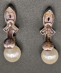 Elegant Vintage Rhinestone Navette Faux Pearl Drop Earrings 1950s-1970s