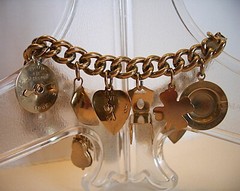 Vtg ’50s Gold Tone 15 Charms 7″ Bracelet Heavy Curb Link Chain Includes Ashtray