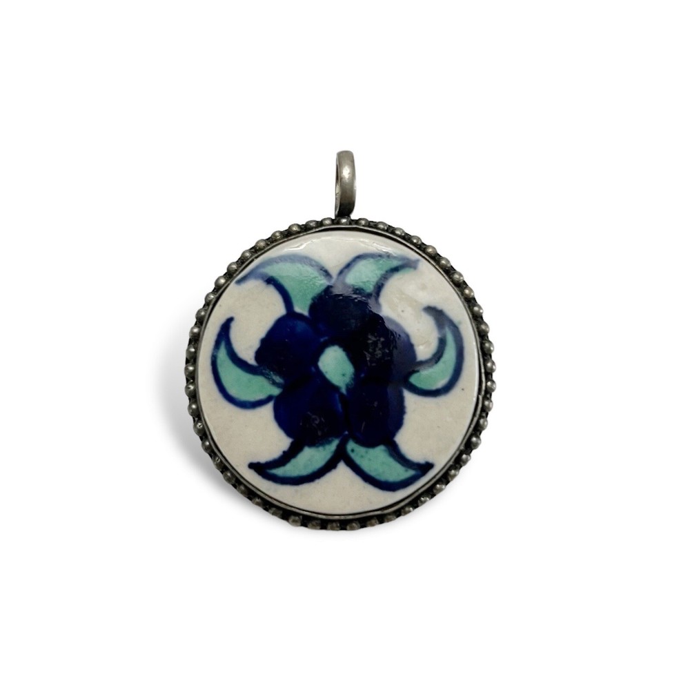 Vintage Blue Flower Ceramic Pottery Tile Round Silvertone Framed Pendant