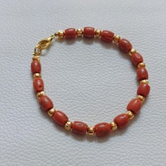 Natural Italy Red Coral Drum Beads Bracelet Brass Handmade CoralGemstone Jewelry
