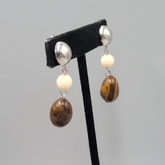 Vintage Cream & Brown Bead Clip on Earrings Silver tone Dangle 1.75 in