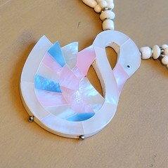 Inlaid Mother Of Pearl Swan Pendant 23in Beaded Necklace With Matching Earrings