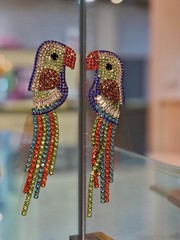 Vintage Rhinestone Parrot Macaw Gold Dangle Earrings Tropical Bird Statement