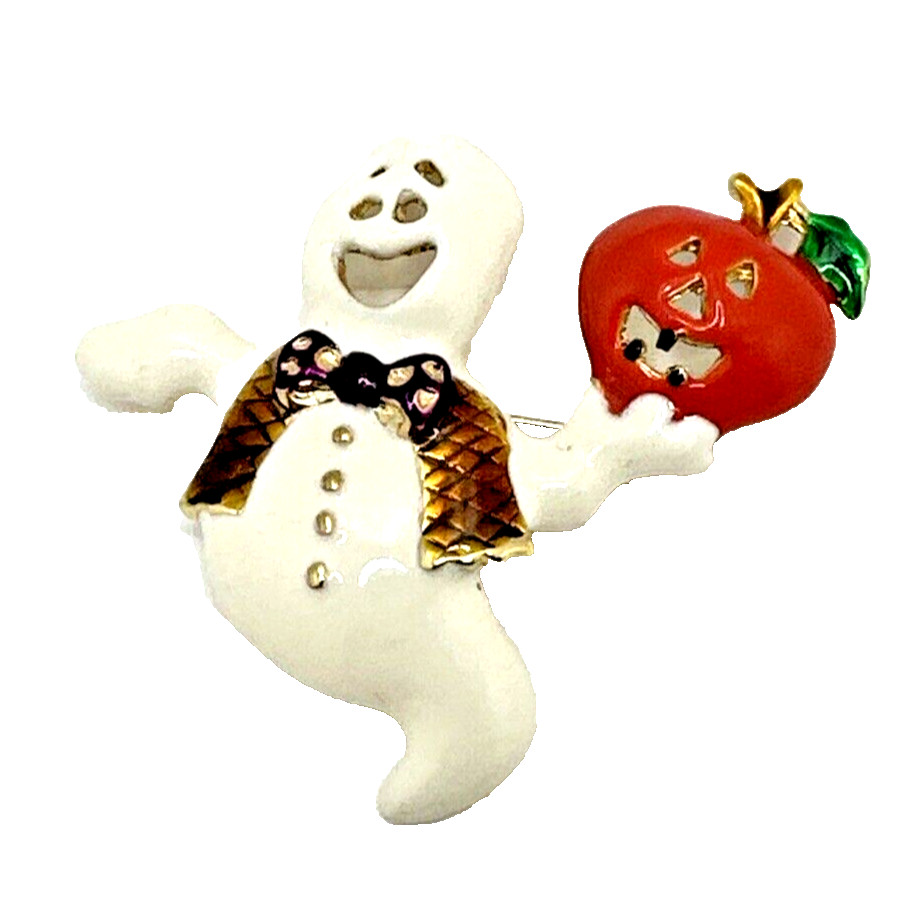 Vintage Halloween Ghost Brooch Enamel Pumpkin Jack O Lantern Statement Pin 2×2″