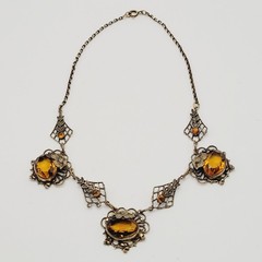 Czech Glass Art Nouveau Deco Flower Motif Brass Festoon Bib Amber Citrine 15 In