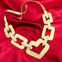 VTG RUNWAY GEOMETRIC SATIN GILT PAVE RHINESTONE MODERNIST/DECO NECKLACE CHIC