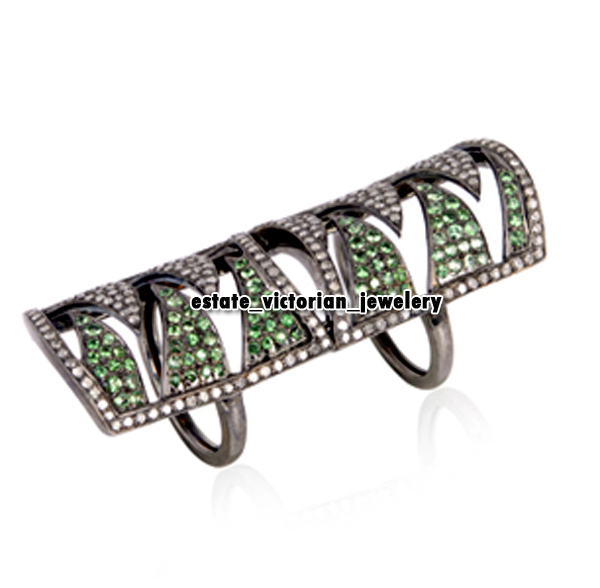 Vintage 2.84Ctw Rose Cut Diamond Tsavorite Silver Gorgeous Knuckle Ring Jewelry