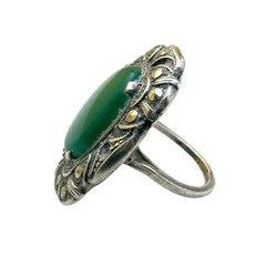 7.2g Antique Vintage Deco 925 Sterling Silver Marcasite Green Onyx Ring S 4.75