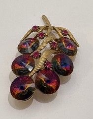Vintage Watermelon Rivoli Rhinestone Leaf Brooch Gold Tone Pink Aurora Borealis
