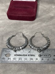 Estate Antique Elegant Sterling Silver Ornate Pierced Hoop Earrings
