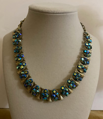 VTG Signed LISNER Blue/Teal AB Crystals Gold Tone Choker/Necklace-16″