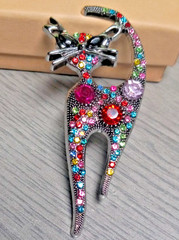 Silver Tone Multi Colored Rhinestone Cat Brooch