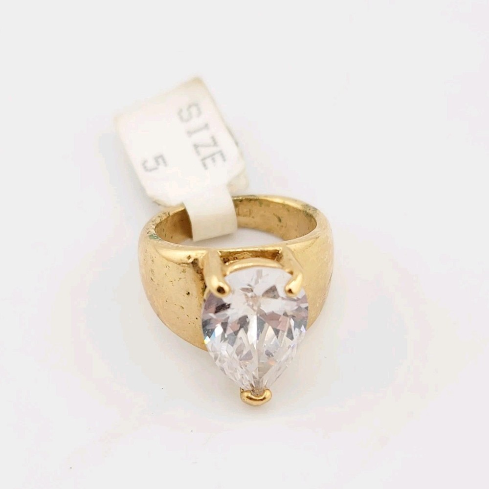 Vtg Sz 5 Ring Pear Teardrop Cubic Zirconia 18KGE Gold Electroplate Jewelry