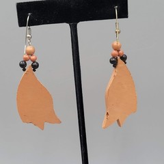 Vintage Hand Tooled Leather Pierced Earrings Wood Bead Artisan 2″
