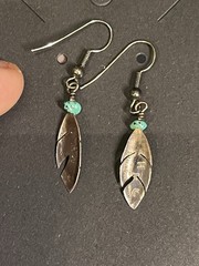 VINTAGE 925 STERLING SILVER HW TURQUOISE FEATHER DANGLE EARRINGS 1 5/8”