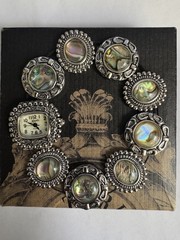 Vintage Japanese Novelle Quartz Abalone Silver Tone Watch Bracelet Stretchy 8”