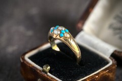ANTIQUE ART NOUVEAU ENGLISH 15K GOLD SEED PEARL TURQUOISE RING c1890