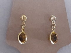 Dainty Tiger’s eye gemstone caged gold tone dangle drop earrings