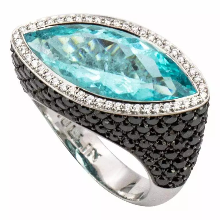 Marquise Shape 7.26T Aquamarine, 3.49CT Black Round Onyx & White CZ Fashion Ring