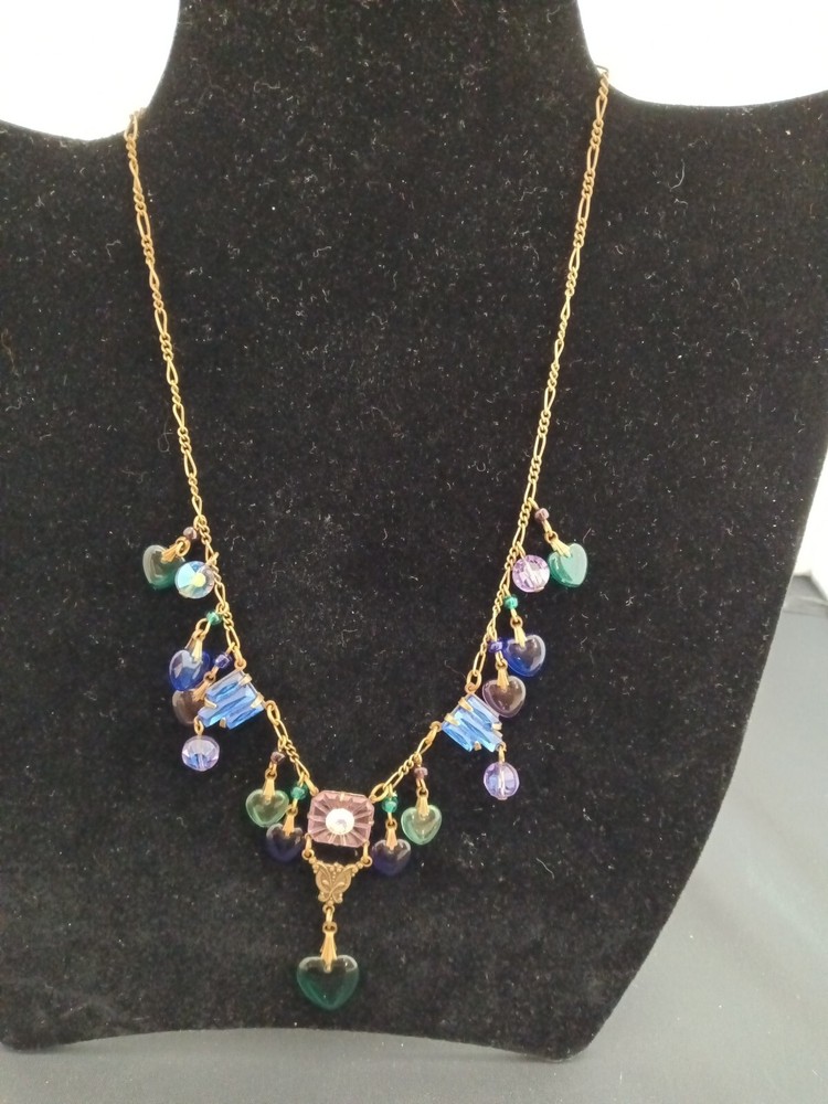 Vintage Glass Works Studio Necklace Heart Charms Brass Gold Tone 15 Charms