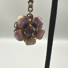 Vintage Purple Jewelry Set 3 Piece Floral Pendant Clip-On Earrings Set Blue Bead