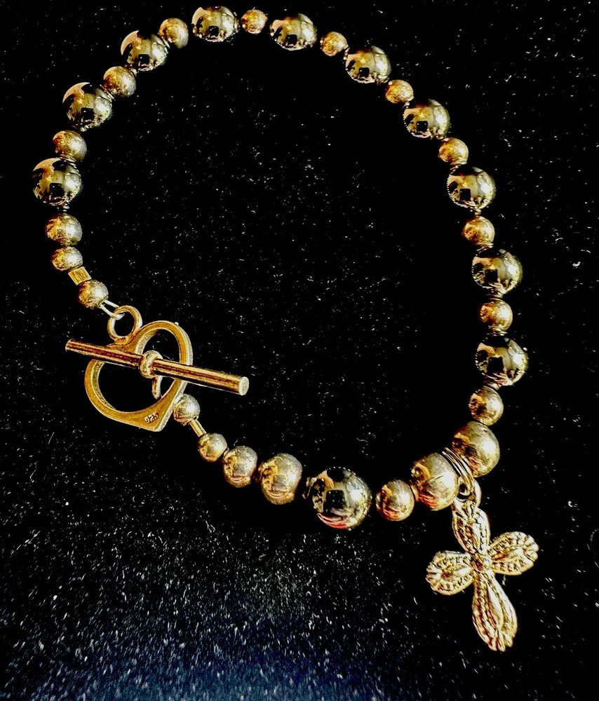 vintage 925 sterling silver And Black Cold Stone Bracelet Cross Charm bracelet