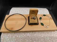 ART Deco jewelry lot Rare Sterling channel Dog Collar necklace carved jade -ring