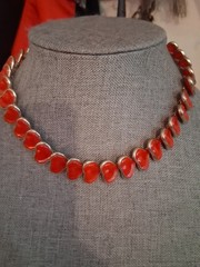 Vintage red celluloid stylized leaf abstract necklace, 16″, articulated