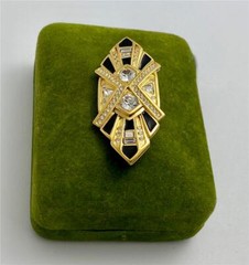 Vintage Jackie Collins 18K Gold Plated Black Enamel Clear Crystal Brooch Pin