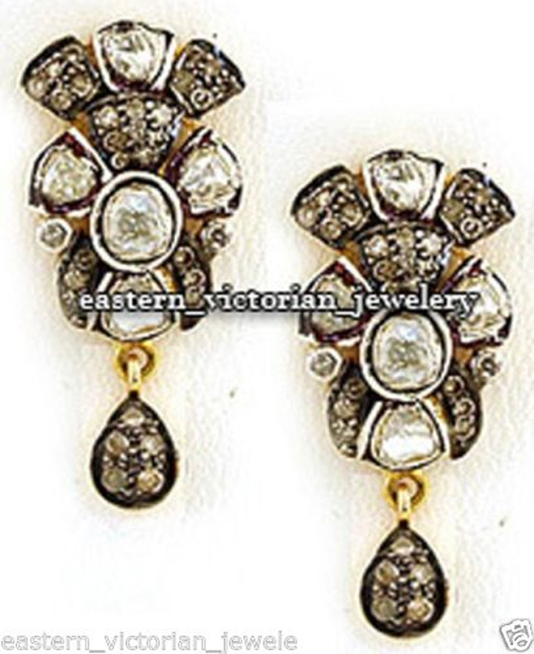 1.35Ctw Genuine Old Mine Rose Antique Cut Diamond Silver Vintage Earring Jewelry
