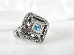 Sterling Silver 925 Heated Blue Topaz Etruscan Style Ring Size 9