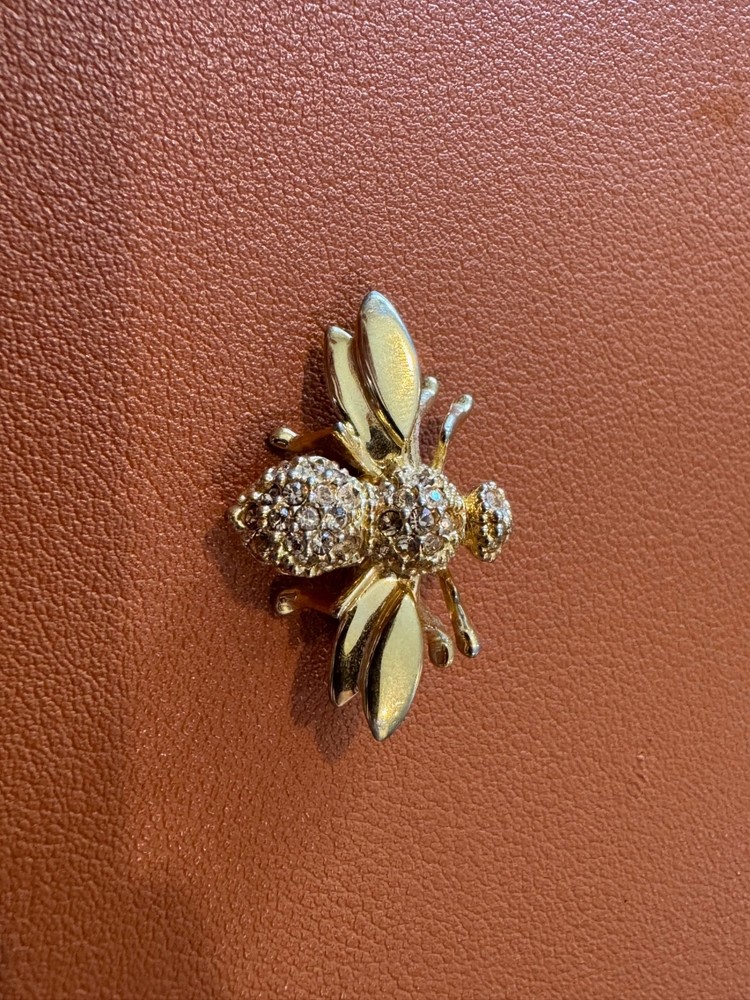 Vintage St. John Gold Tone Metal Bee Pin / Brooch w/ Inset Pave Crystals