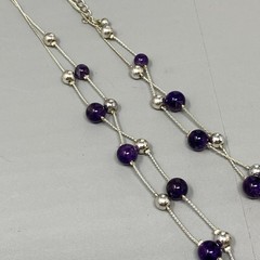Amethyst Stone Beaded Necklace Silver Tone Chain Beads Double Strand Station 18″
