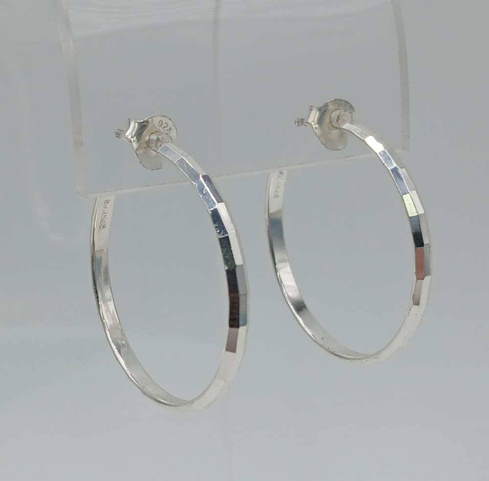 VTG FAS 925 Faceted Hoop Earrings 1.25in Sterling Silver 3g Classic Polished