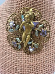 Sculptural Golden Cherub Cupid Angel Brooch Pin Multicolored Enamel Filigree