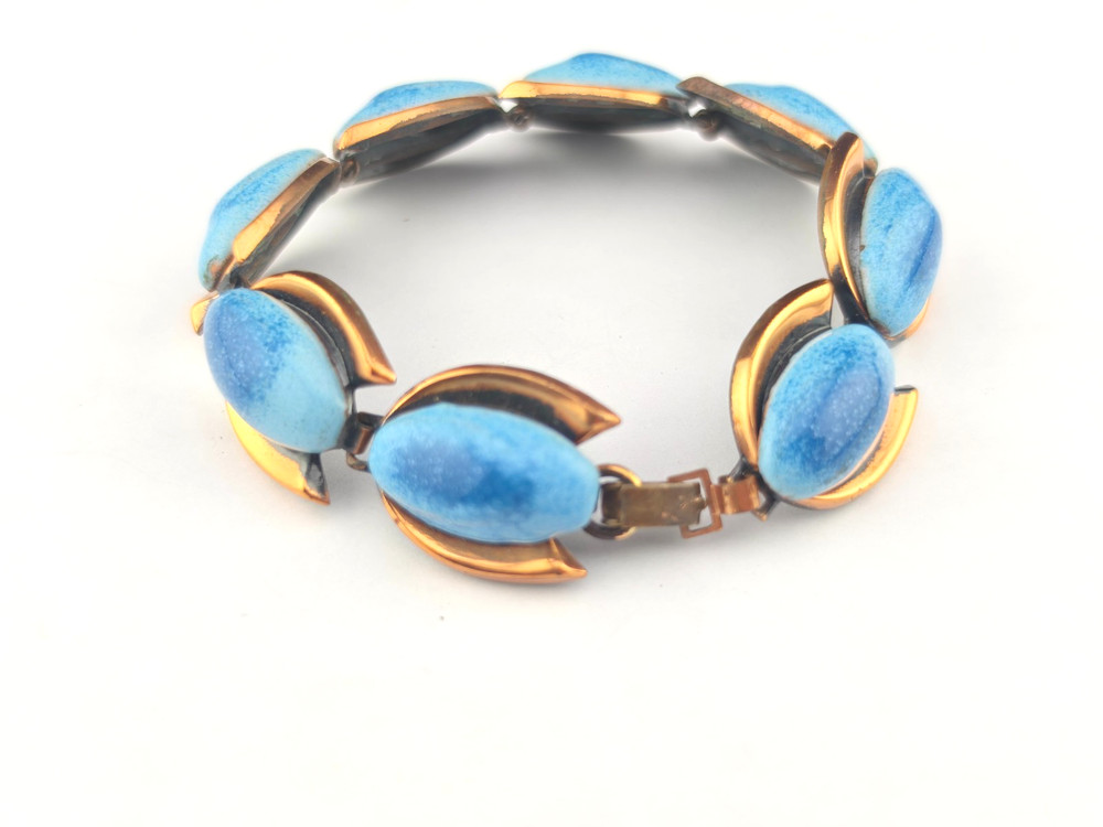 Vintage Mid Century Modern Robins Egg Blue Enamel Copper Panel 7″ Bracelet