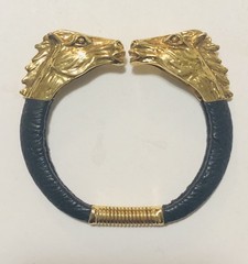 Vintage Double Horse Head Spring Cuff Leather Wrapped Bracelet. Rare