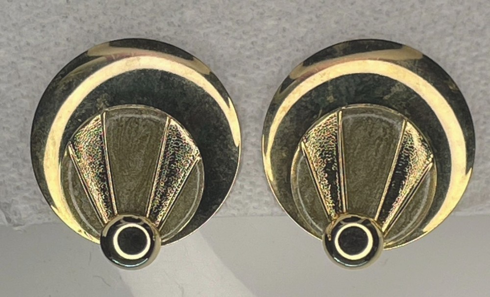 Vintage 1980s Art Deco Revival Gold Tone 1.25″ Round Fan Pierced Statement Earri