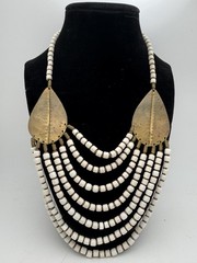 Tribal Bib Necklace White Bone Look Beads Brass Multi Strand Boho Ethnic Vintage