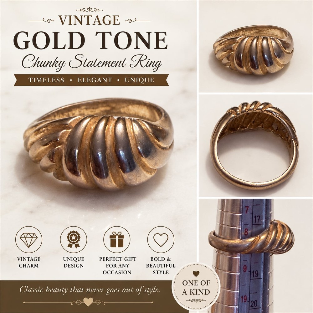 Vintage Gold Tone Statement Ring Size 8 Chunky Swirl Fashion Cocktail Ring
