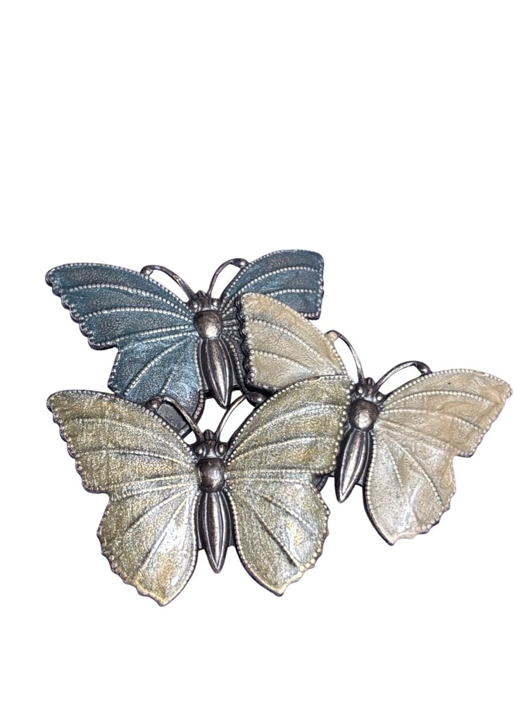 Vintage Butterflies Brooch Silvertone Blue Beige Green Enamel 2.5 inches