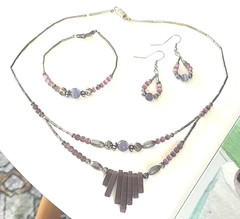 VTG Artisan Silver Tone Violet Purple Glass Necklace, Bracelet, Earrings Set
